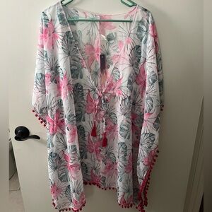 Tropical Floral Kimono/coverup with Pom Pom fringe